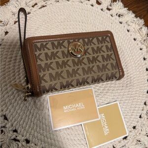 Michael Kors Tan and Brown Logo Wristlet